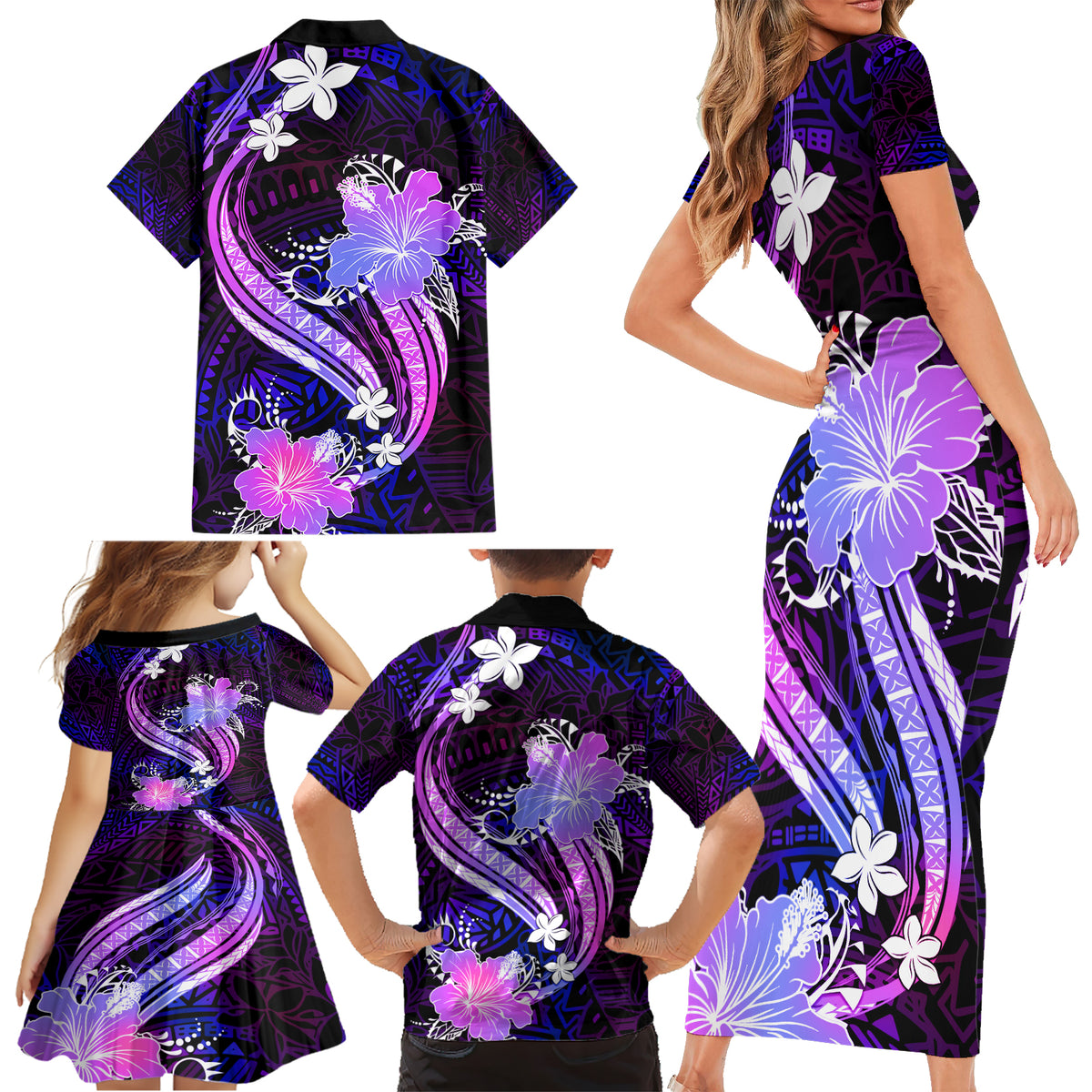 Galaxy Polynesian Pattern With Tropical Flowers Family Matching Short Sleeve Bodycon Dress and Hawaiian Shirt LT05 - Polynesian Pride