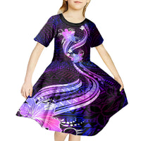 Galaxy Polynesian Pattern With Tropical Flowers Kid Short Sleeve Dress LT05 - Polynesian Pride