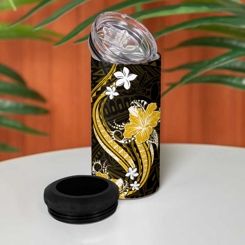 Gold Polynesian Pattern With Tropical Flowers 4 in 1 Can Cooler Tumbler