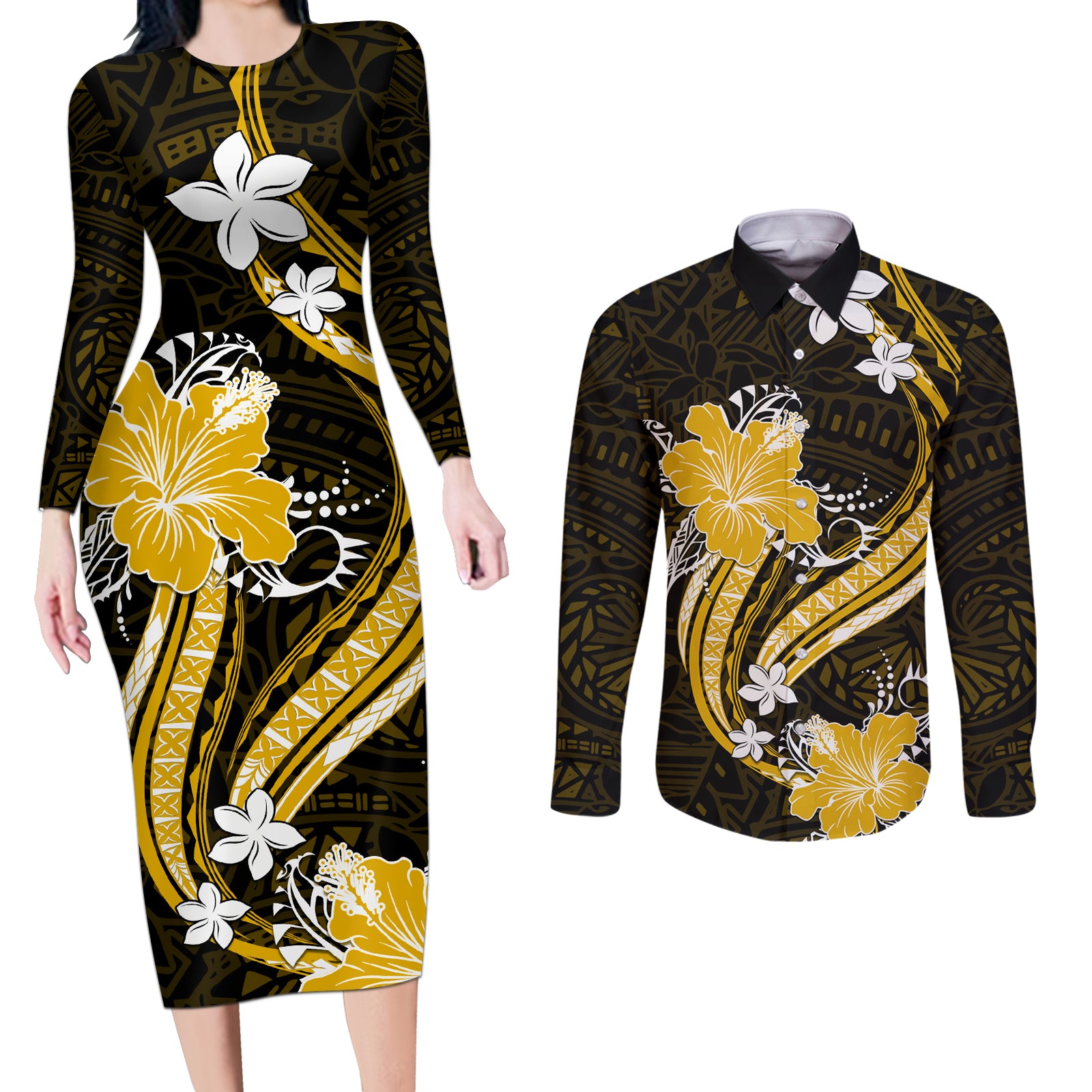 Gold Polynesian Pattern With Tropical Flowers Couples Matching Long Sleeve Bodycon Dress and Long Sleeve Button Shirt LT05 Gold - Polynesian Pride