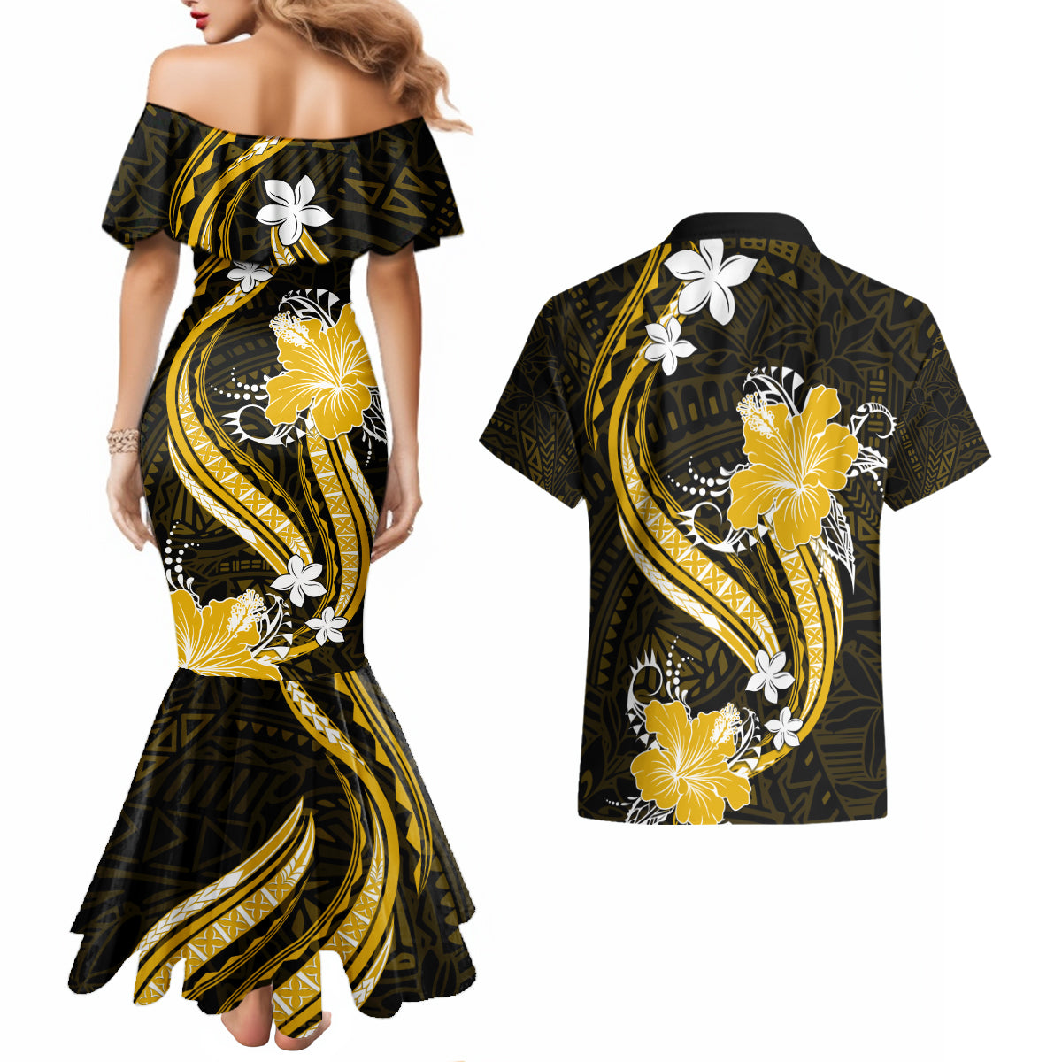 Gold Polynesian Pattern With Tropical Flowers Couples Matching Mermaid Dress and Hawaiian Shirt LT05 - Polynesian Pride