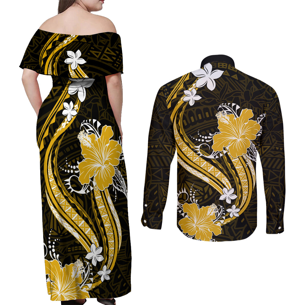 Gold Polynesian Pattern With Tropical Flowers Couples Matching Off Shoulder Maxi Dress and Long Sleeve Button Shirt LT05 - Polynesian Pride