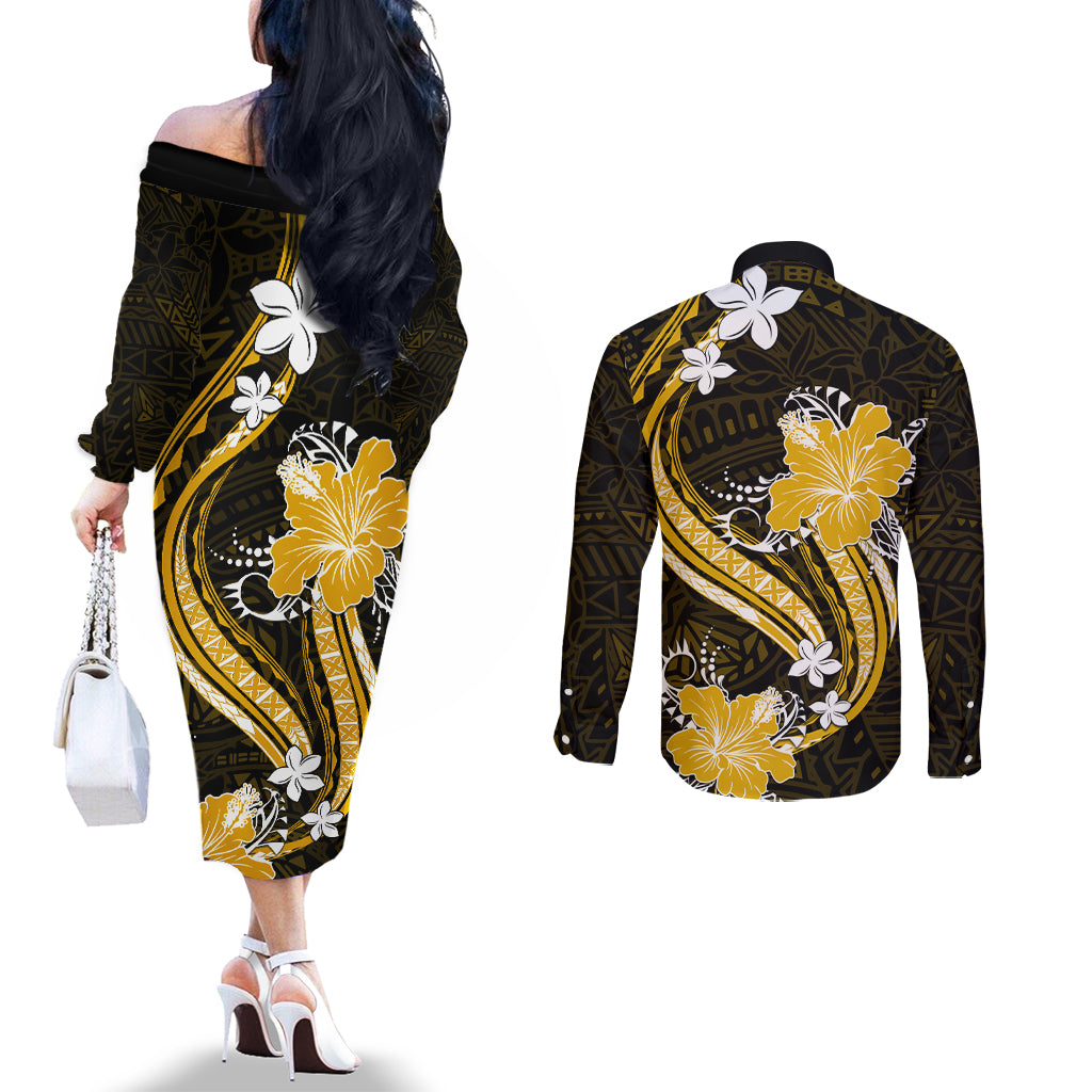 Gold Polynesian Pattern With Tropical Flowers Couples Matching Off The Shoulder Long Sleeve Dress and Long Sleeve Button Shirt LT05 - Polynesian Pride