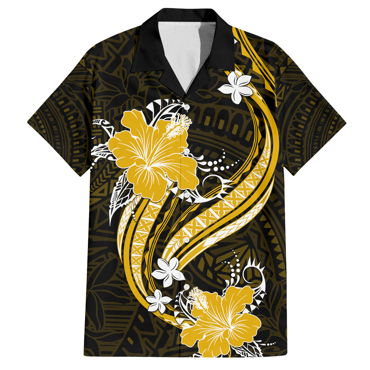 Gold Polynesian Pattern With Tropical Flowers Family Matching Long Sleeve Bodycon Dress and Hawaiian Shirt LT05 Dad's Shirt - Short Sleeve Gold - Polynesian Pride