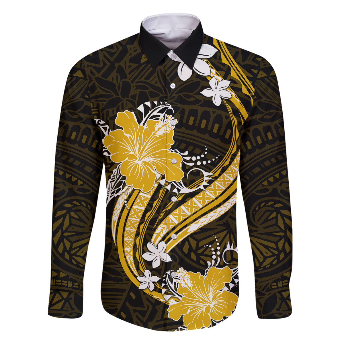 Gold Polynesian Pattern With Tropical Flowers Family Matching Long Sleeve Bodycon Dress and Hawaiian Shirt LT05 Dad's Shirt - Long Sleeve Gold - Polynesian Pride