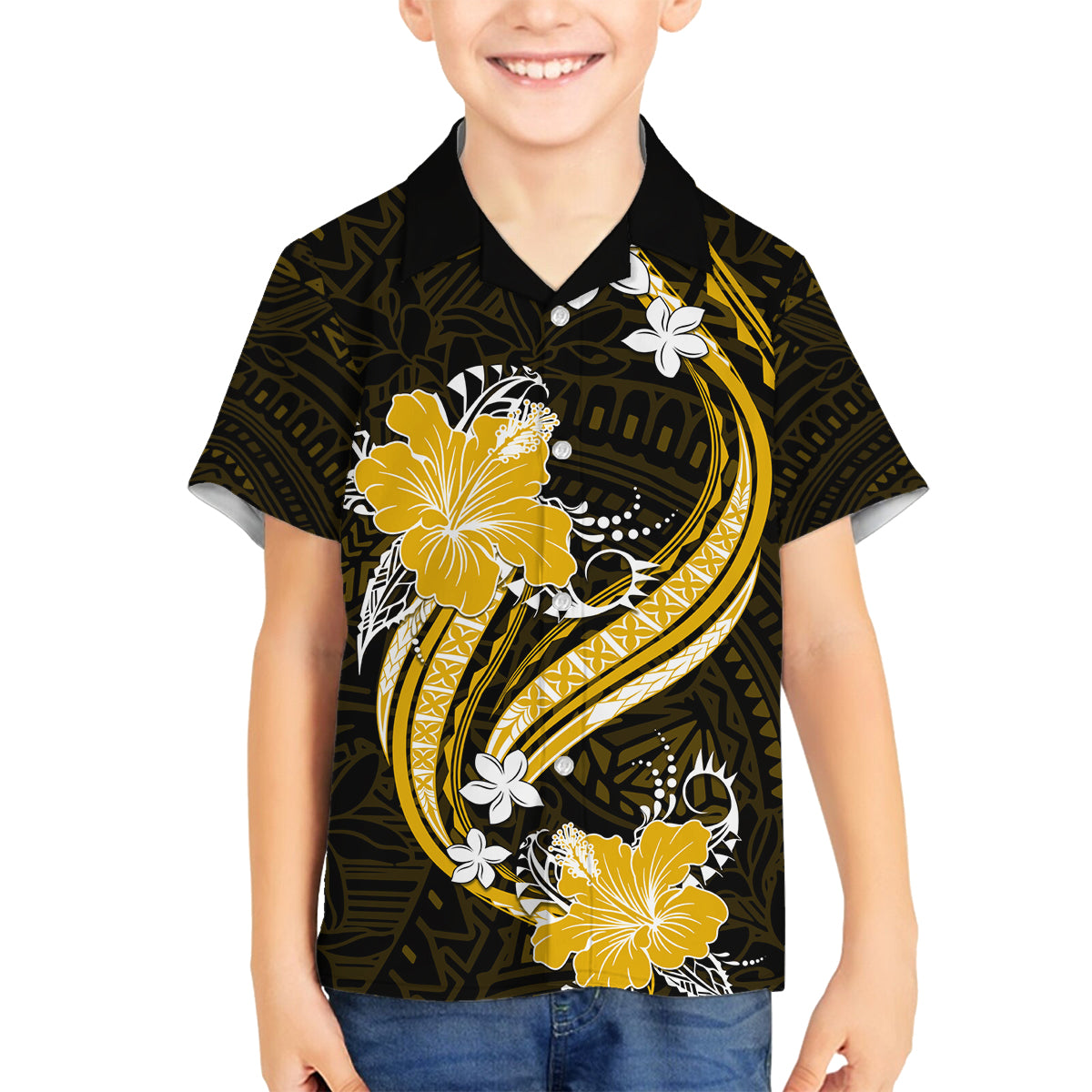Gold Polynesian Pattern With Tropical Flowers Family Matching Long Sleeve Bodycon Dress and Hawaiian Shirt LT05 Son's Shirt Gold - Polynesian Pride