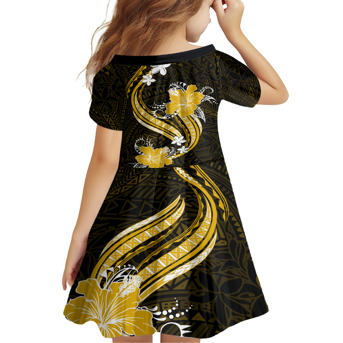 Gold Polynesian Pattern With Tropical Flowers Family Matching Off Shoulder Long Sleeve Dress and Hawaiian Shirt LT05 - Polynesian Pride