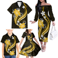Gold Polynesian Pattern With Tropical Flowers Family Matching Off Shoulder Long Sleeve Dress and Hawaiian Shirt LT05 - Polynesian Pride