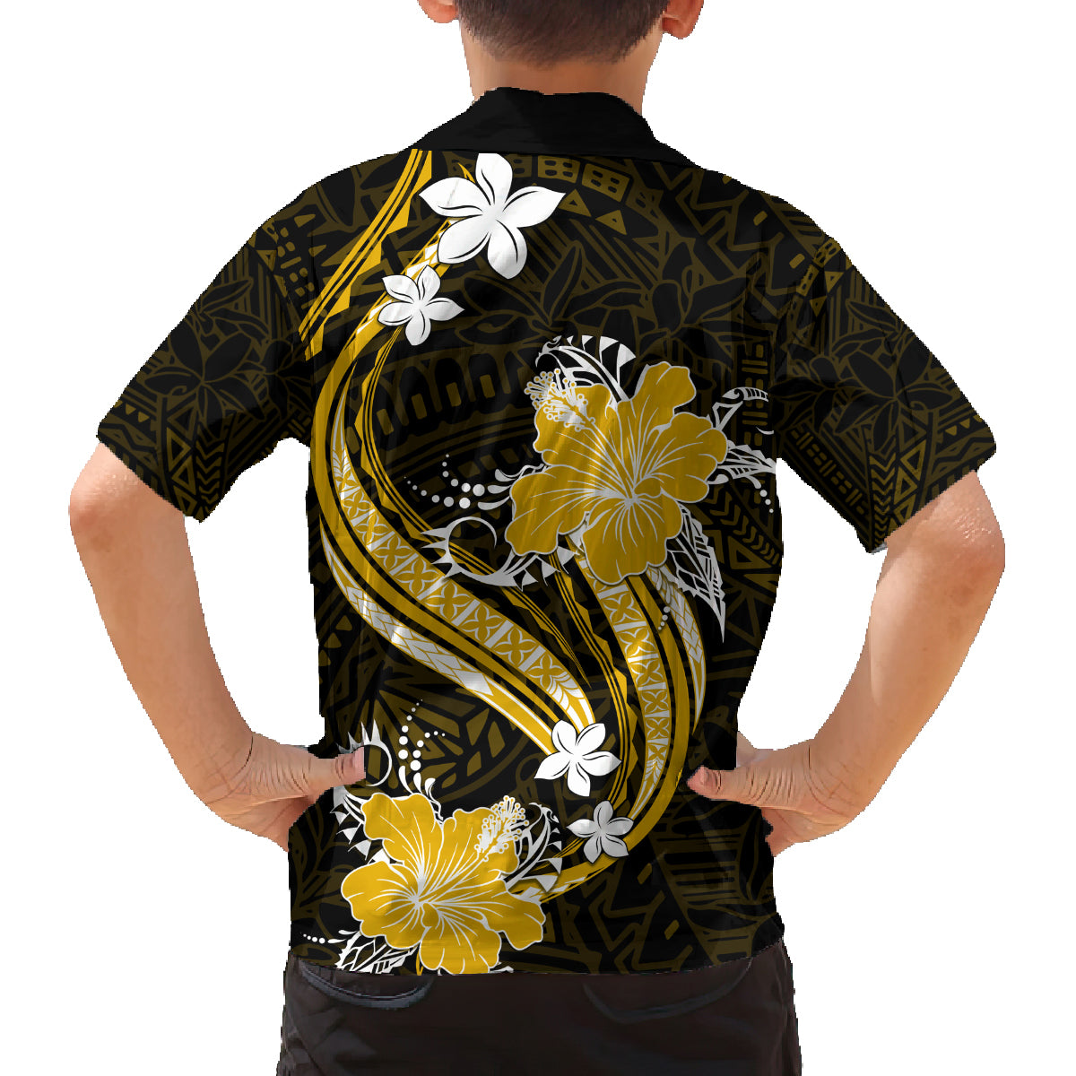 Gold Polynesian Pattern With Tropical Flowers Family Matching Off Shoulder Short Dress and Hawaiian Shirt LT05 - Polynesian Pride