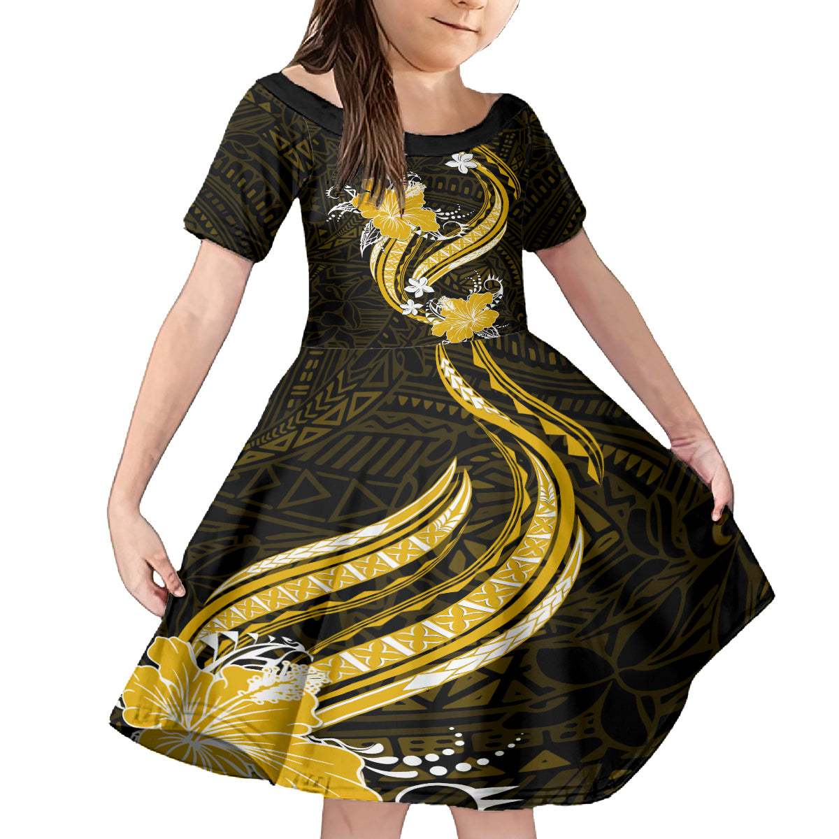 Gold Polynesian Pattern With Tropical Flowers Family Matching Off Shoulder Short Dress and Hawaiian Shirt LT05 Daughter's Dress Gold - Polynesian Pride