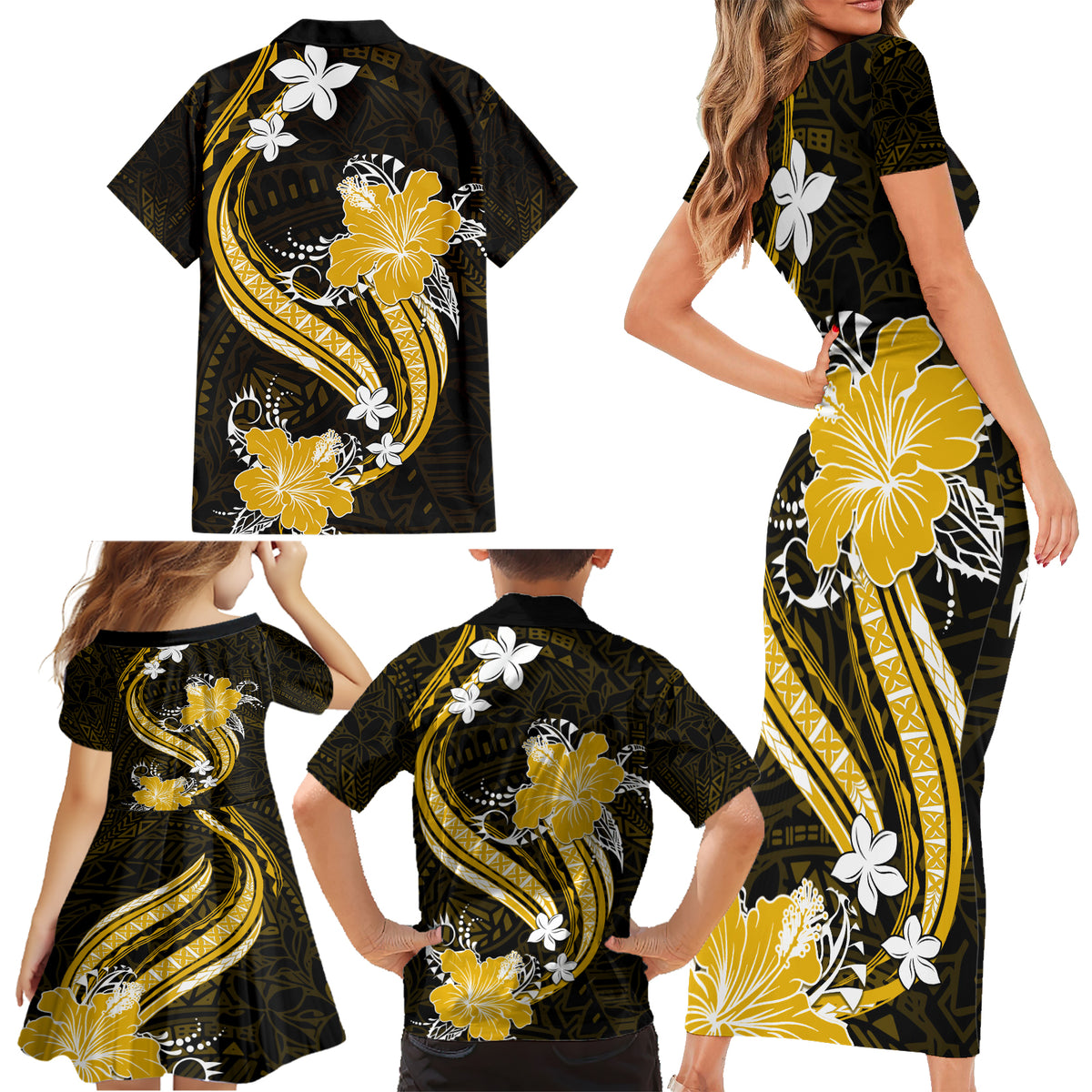 Gold Polynesian Pattern With Tropical Flowers Family Matching Short Sleeve Bodycon Dress and Hawaiian Shirt LT05 - Polynesian Pride