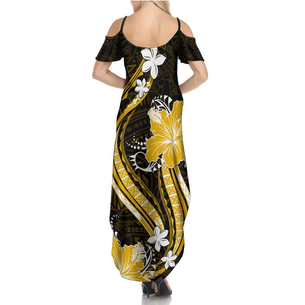 Gold Polynesian Pattern With Tropical Flowers Family Matching Summer Maxi Dress and Hawaiian Shirt LT05 - Polynesian Pride
