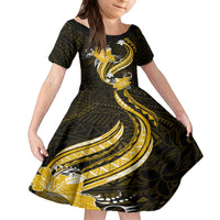 Gold Polynesian Pattern With Tropical Flowers Family Matching Tank Maxi Dress and Hawaiian Shirt LT05 Daughter's Dress Gold - Polynesian Pride