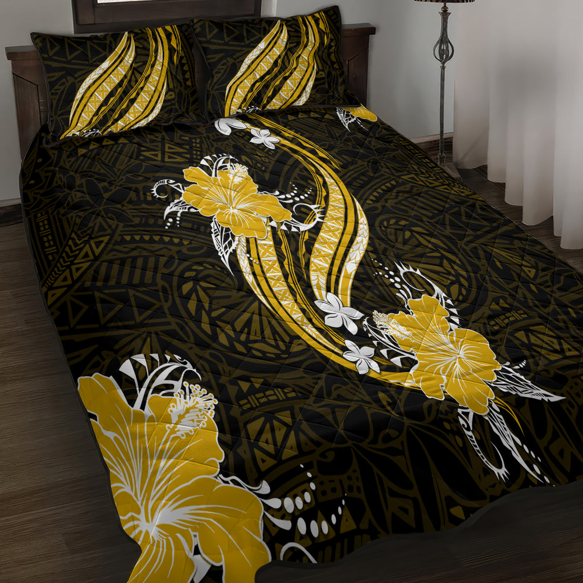 Gold Polynesian Pattern With Tropical Flowers Quilt Bed Set LT05 - Polynesian Pride