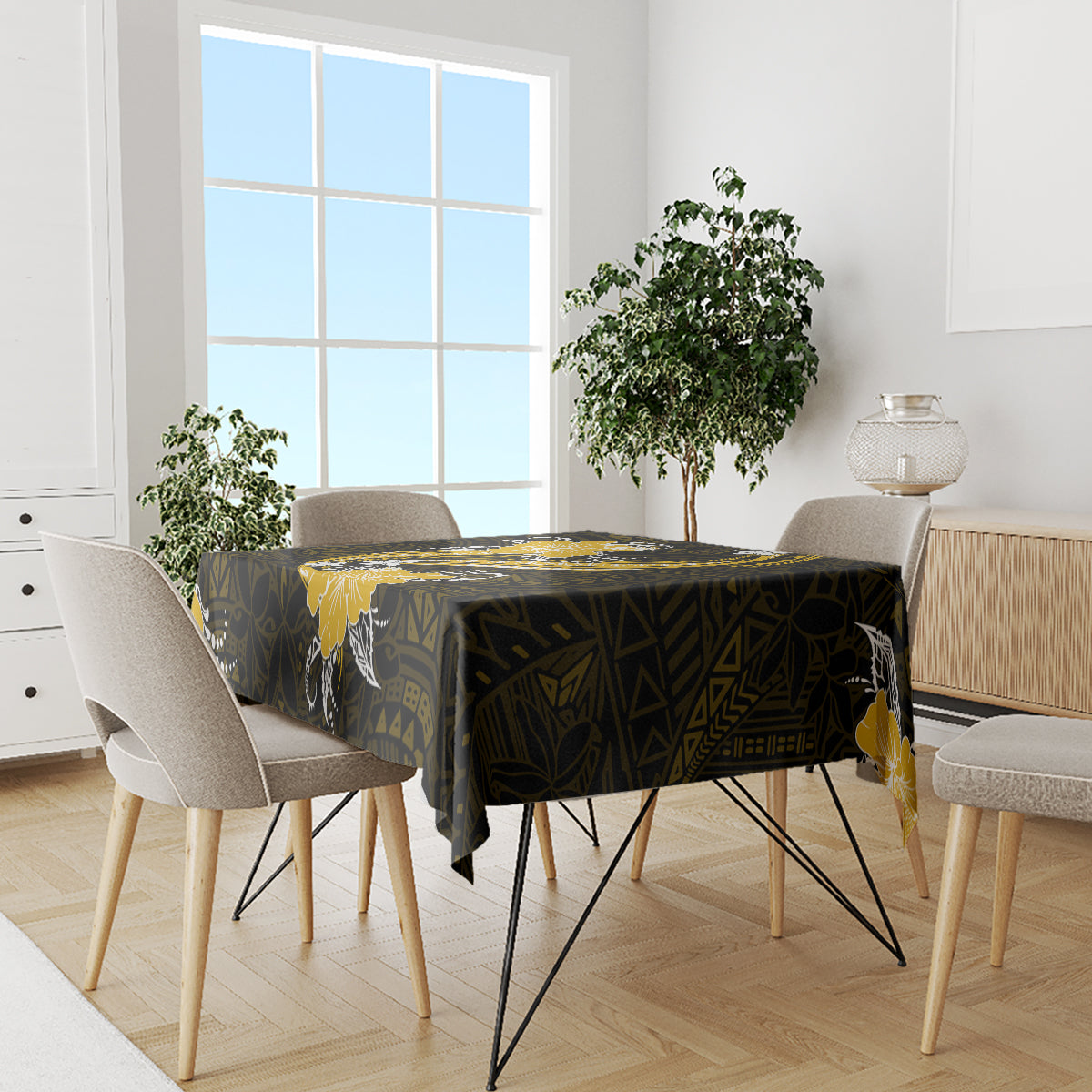 Gold Polynesian Pattern With Tropical Flowers Tablecloth LT05 - Polynesian Pride