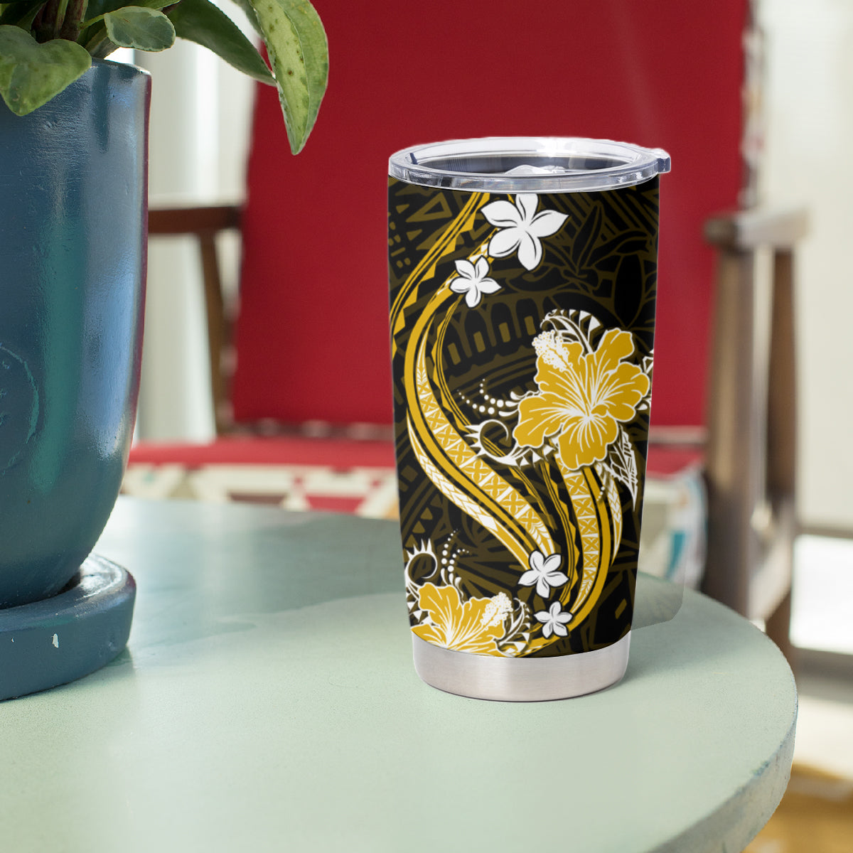Gold Polynesian Pattern With Tropical Flowers Tumbler Cup