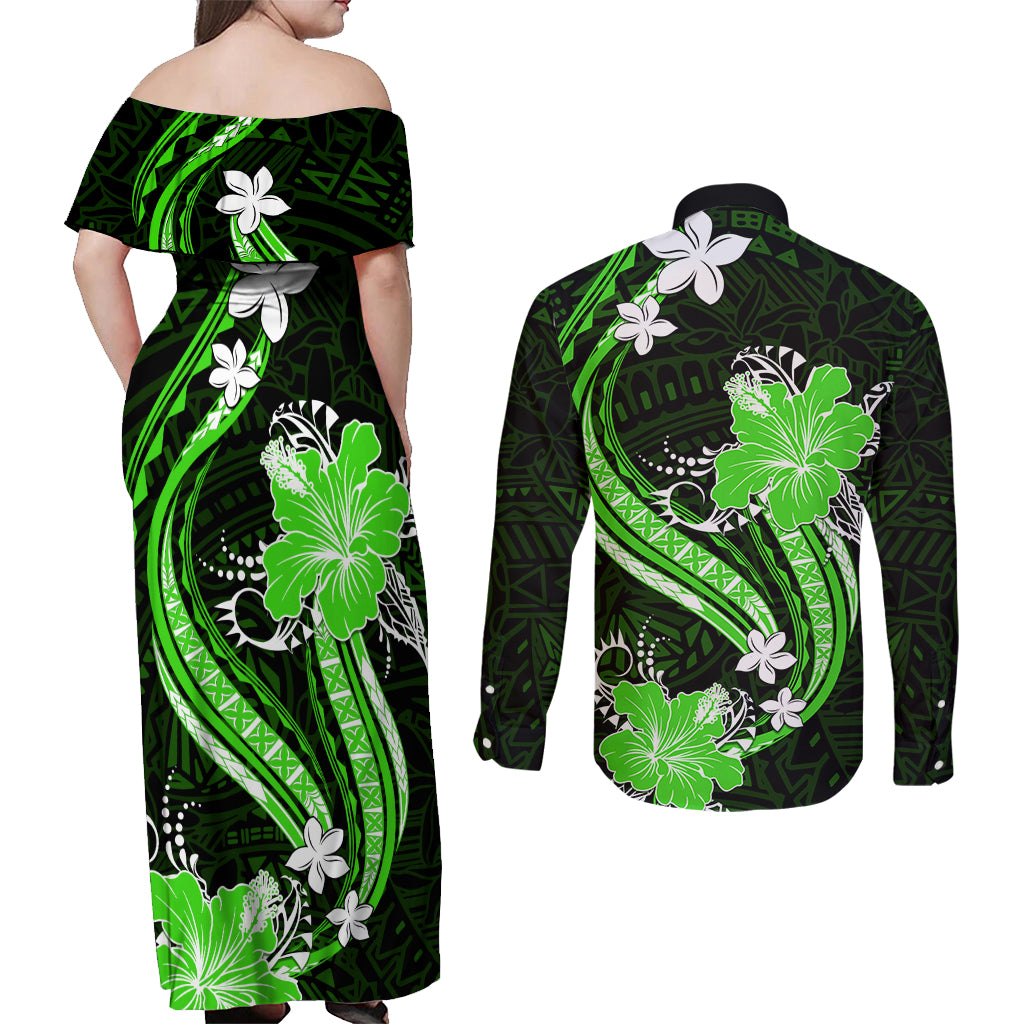 Green Polynesian Pattern With Tropical Flowers Couples Matching Off Shoulder Maxi Dress and Long Sleeve Button Shirt LT05 - Polynesian Pride