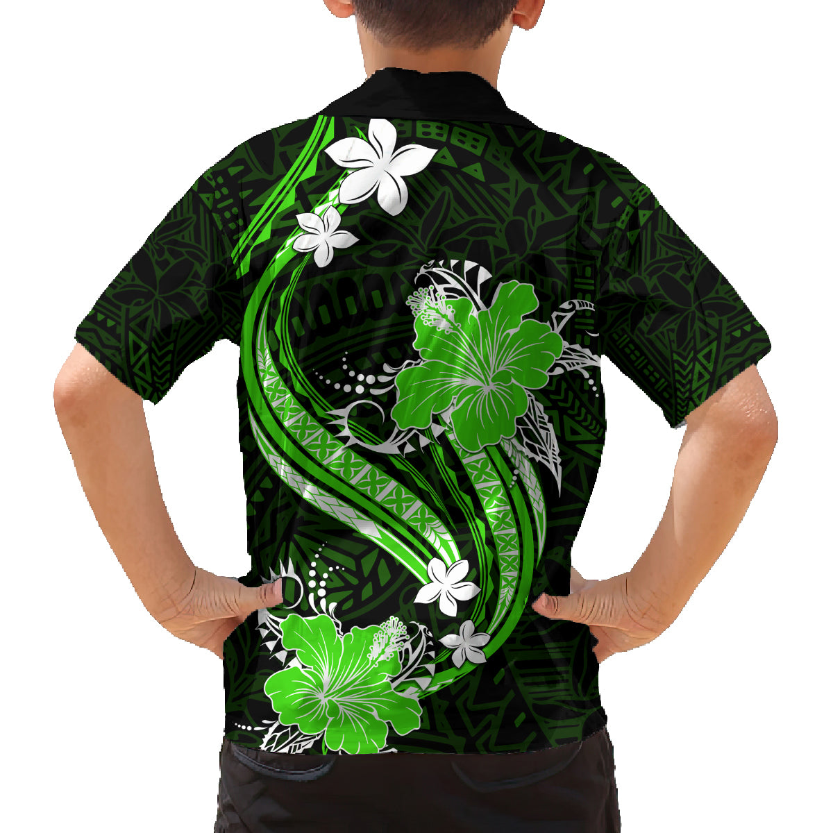 Green Polynesian Pattern With Tropical Flowers Family Matching Long Sleeve Bodycon Dress and Hawaiian Shirt LT05 - Polynesian Pride