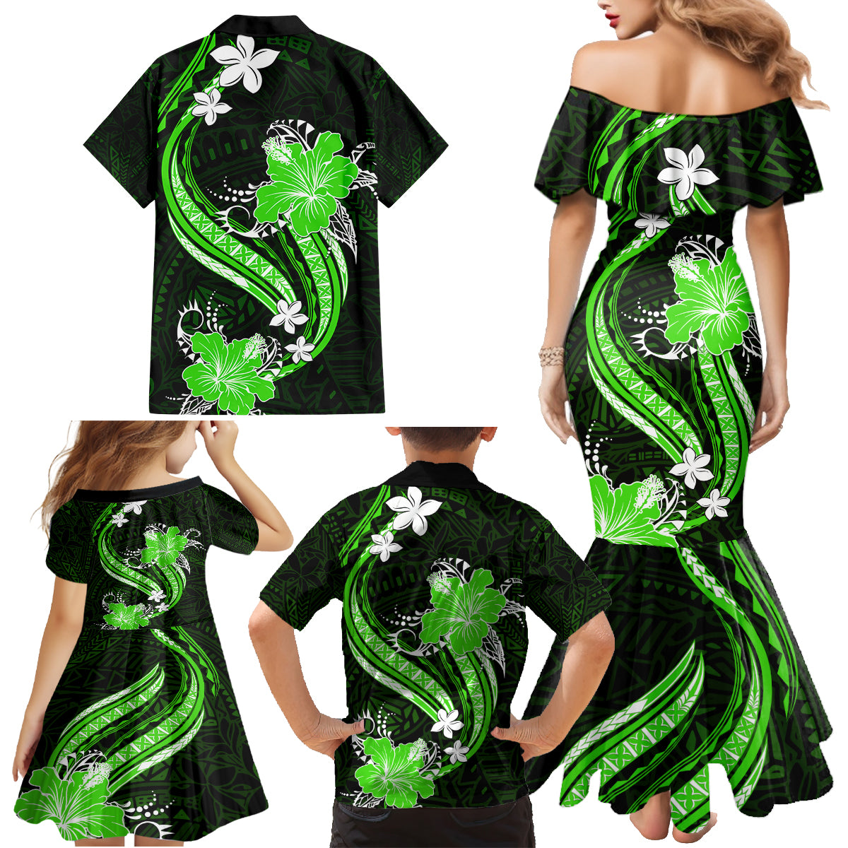 Green Polynesian Pattern With Tropical Flowers Family Matching Mermaid Dress and Hawaiian Shirt LT05 - Polynesian Pride