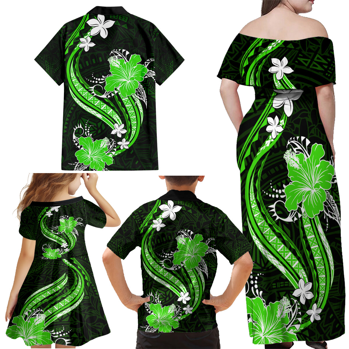 Green Polynesian Pattern With Tropical Flowers Family Matching Off Shoulder Maxi Dress and Hawaiian Shirt LT05 - Polynesian Pride