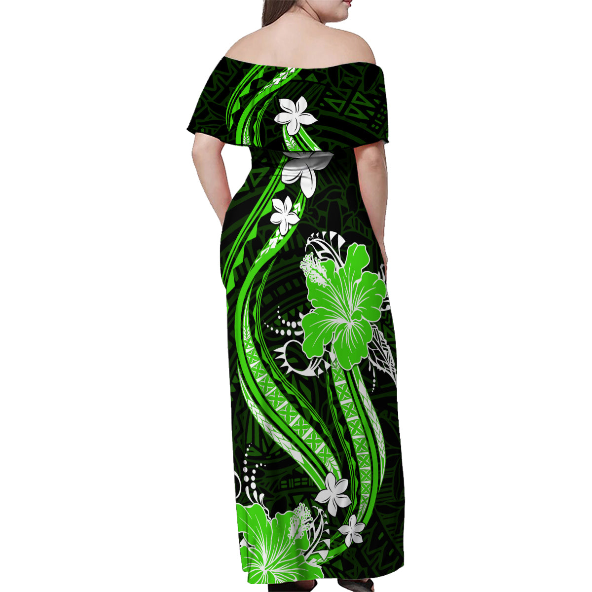 Green Polynesian Pattern With Tropical Flowers Family Matching Off Shoulder Maxi Dress and Hawaiian Shirt LT05 - Polynesian Pride