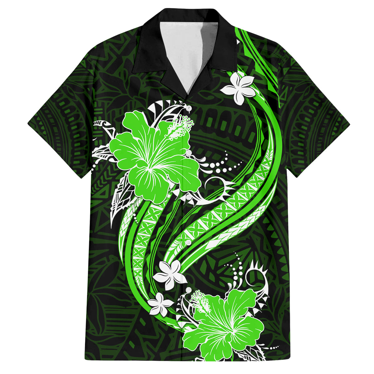 Green Polynesian Pattern With Tropical Flowers Family Matching Puletasi Dress and Hawaiian Shirt LT05 Dad's Shirt - Short Sleeve Green - Polynesian Pride
