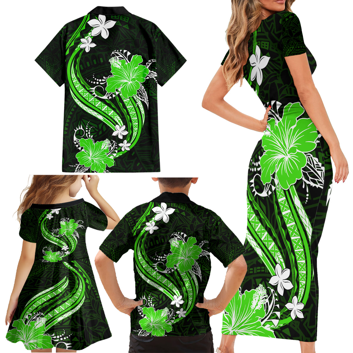 Green Polynesian Pattern With Tropical Flowers Family Matching Short Sleeve Bodycon Dress and Hawaiian Shirt LT05 - Polynesian Pride