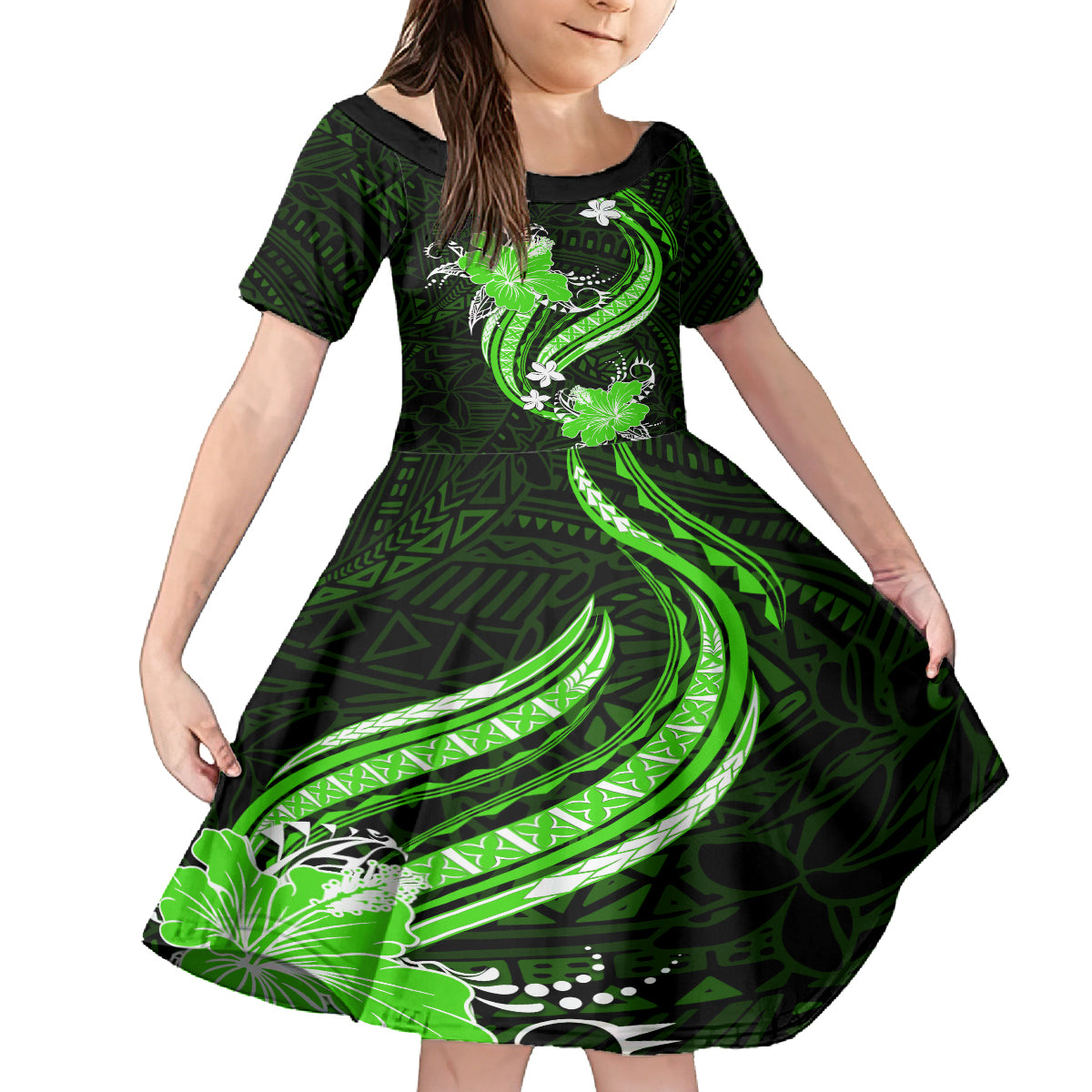 Green Polynesian Pattern With Tropical Flowers Family Matching Tank Maxi Dress and Hawaiian Shirt LT05 Daughter's Dress Green - Polynesian Pride