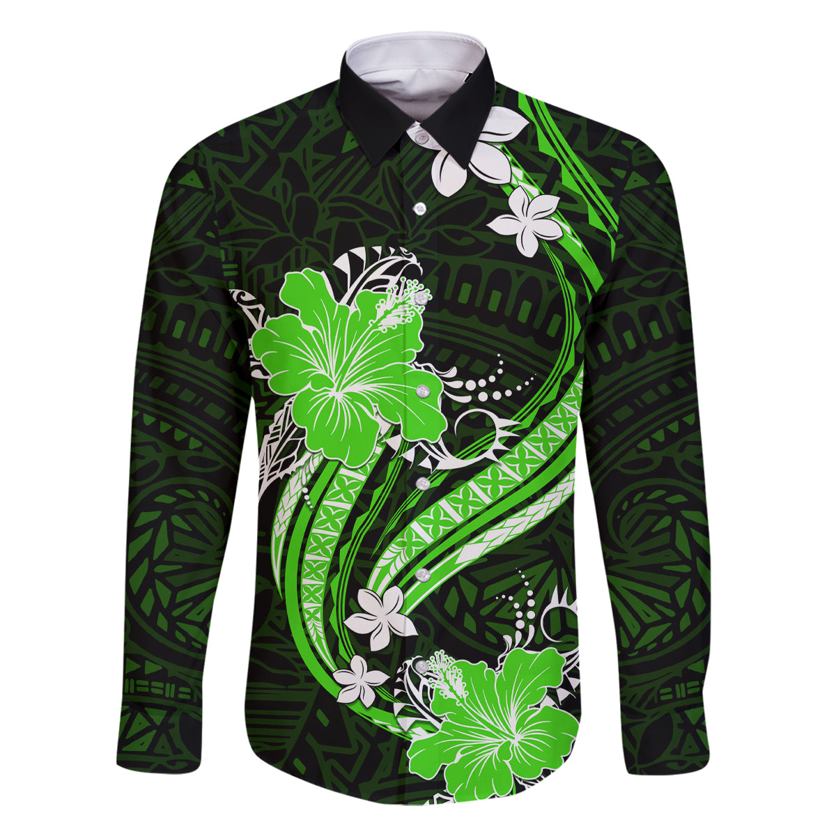 Green Polynesian Pattern With Tropical Flowers Family Matching Tank Maxi Dress and Hawaiian Shirt LT05 Dad's Shirt - Long Sleeve Green - Polynesian Pride