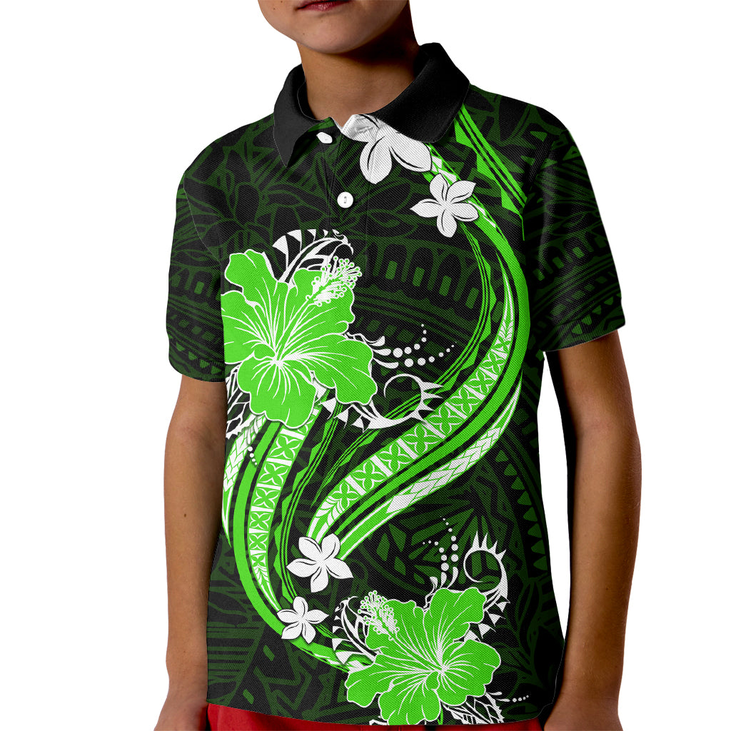 Green Polynesian Pattern With Tropical Flowers Kid Polo Shirt LT05 Kid Green - Polynesian Pride