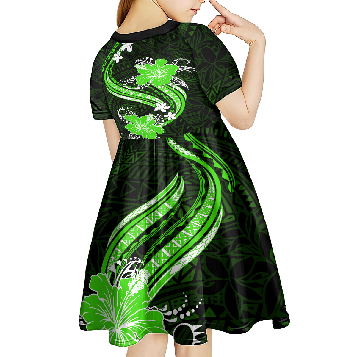 Green Polynesian Pattern With Tropical Flowers Kid Short Sleeve Dress LT05 - Polynesian Pride
