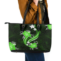 Green Polynesian Pattern With Tropical Flowers Leather Tote Bag LT05 - Polynesian Pride