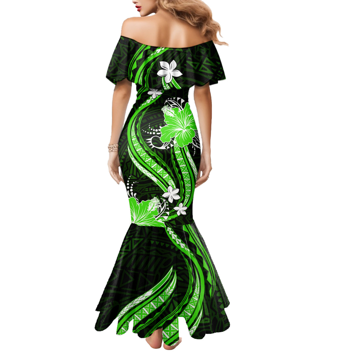 Green Polynesian Pattern With Tropical Flowers Mermaid Dress LT05 - Polynesian Pride