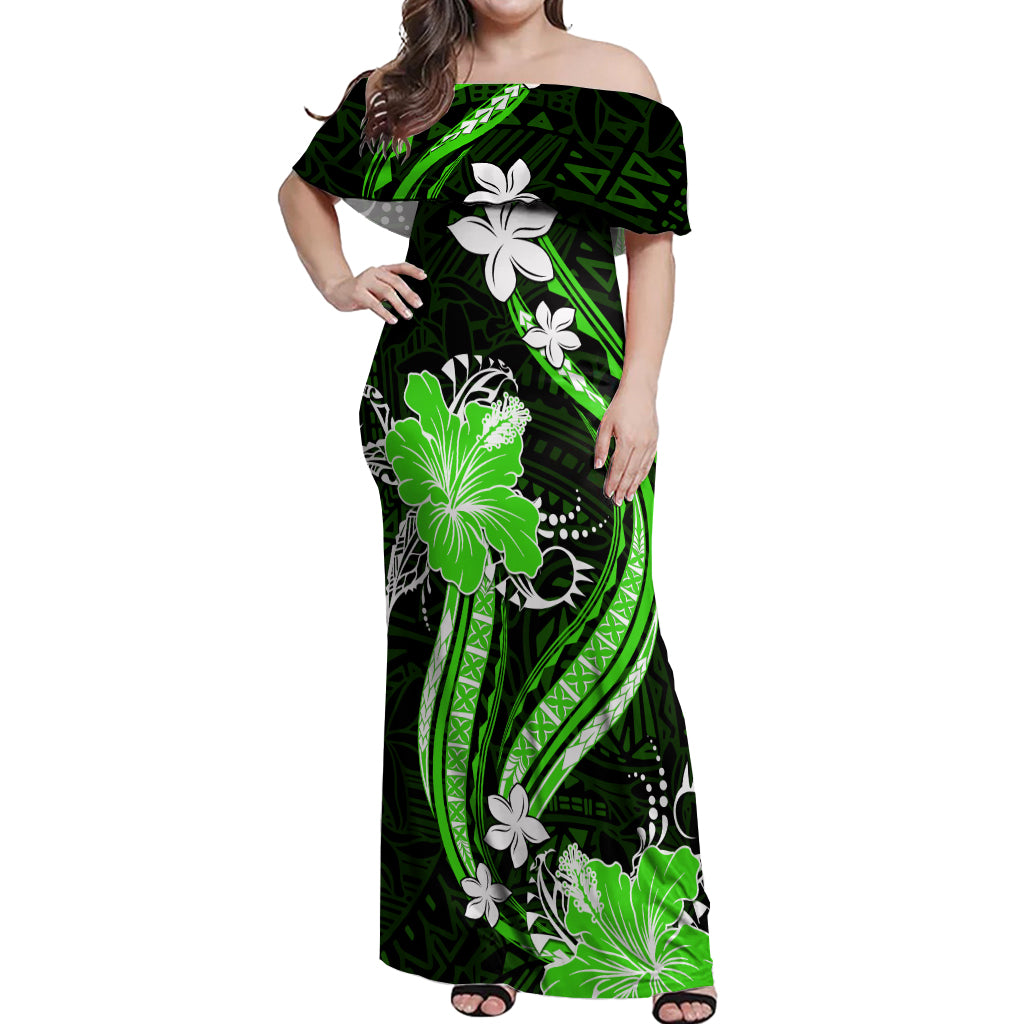 Green Polynesian Pattern With Tropical Flowers Off Shoulder Maxi Dress LT05 Women Green - Polynesian Pride