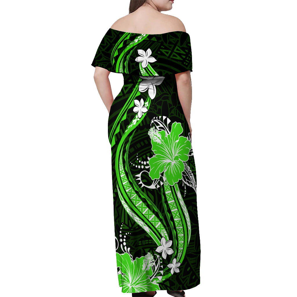Green Polynesian Pattern With Tropical Flowers Off Shoulder Maxi Dress LT05 - Polynesian Pride