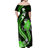 Green Polynesian Pattern With Tropical Flowers Off Shoulder Maxi Dress LT05 - Polynesian Pride