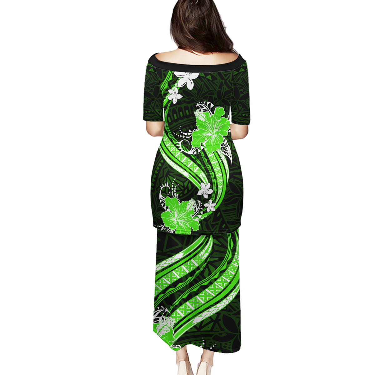 Green Polynesian Pattern With Tropical Flowers Puletasi LT05 - Polynesian Pride