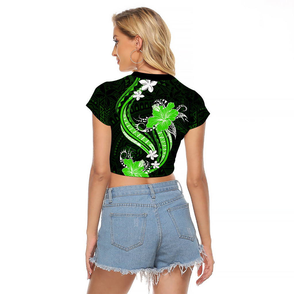 Green Polynesian Pattern With Tropical Flowers Raglan Cropped T Shirt LT05 - Polynesian Pride