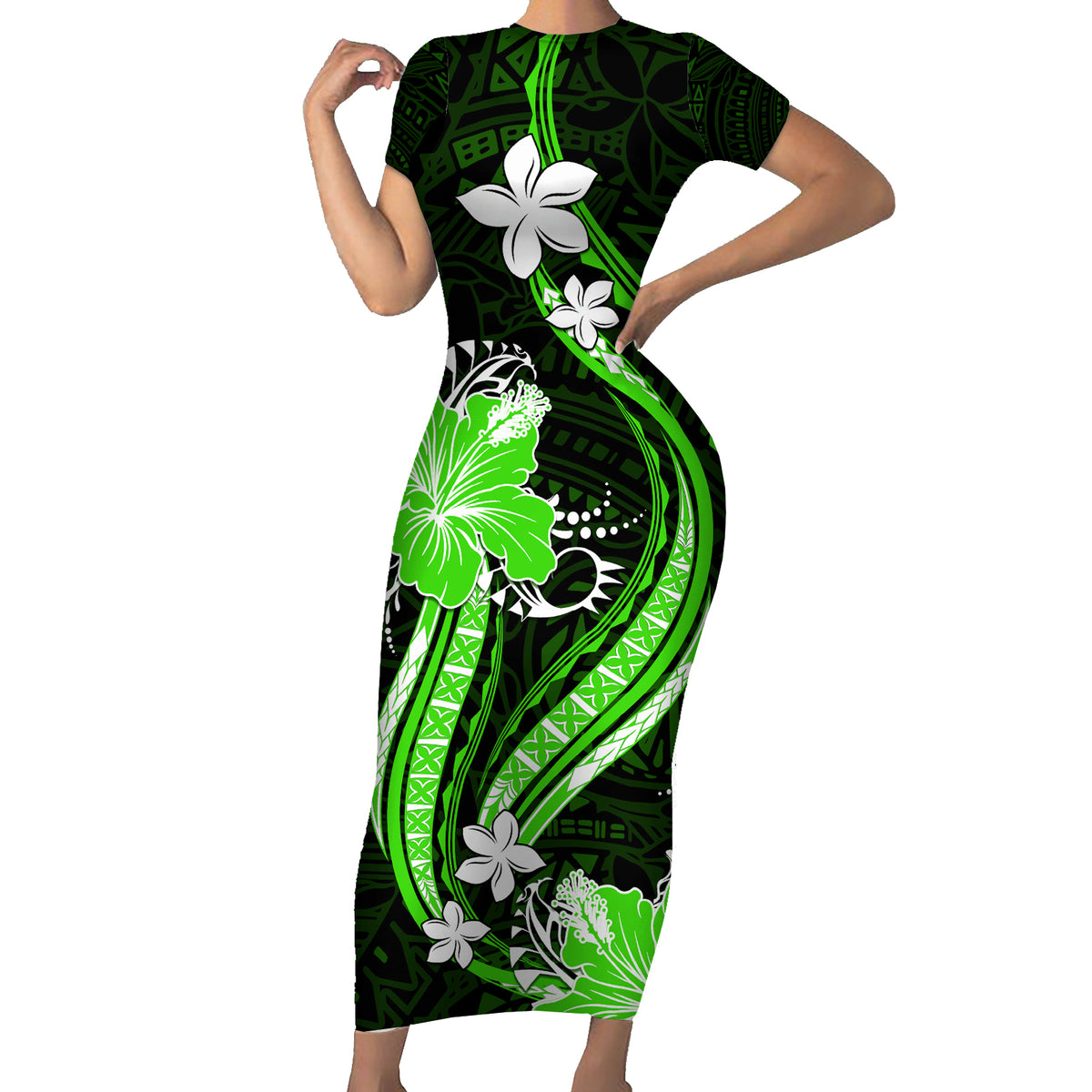 Green Polynesian Pattern With Tropical Flowers Short Sleeve Bodycon Dress LT05 Long Dress Green - Polynesian Pride