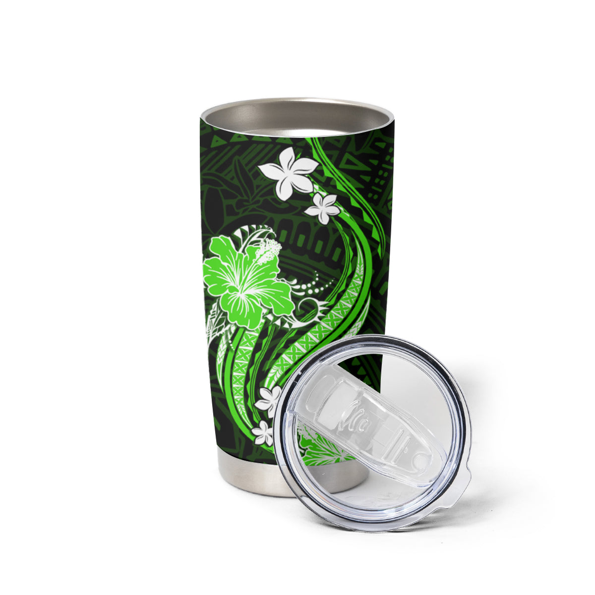 Green Polynesian Pattern With Tropical Flowers Tumbler Cup