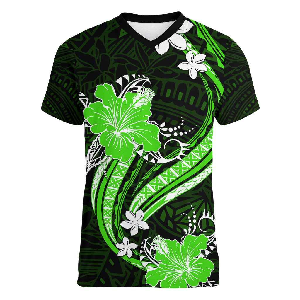 Green Polynesian Pattern With Tropical Flowers Women V Neck T Shirt LT05 Female Green - Polynesian Pride