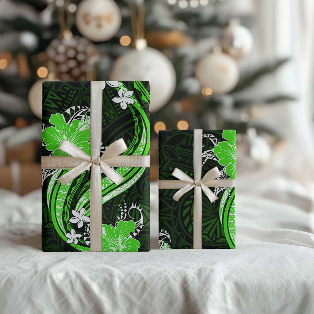 Green Polynesian Pattern With Tropical Flowers Wrapping Paper - Polynesian Pride