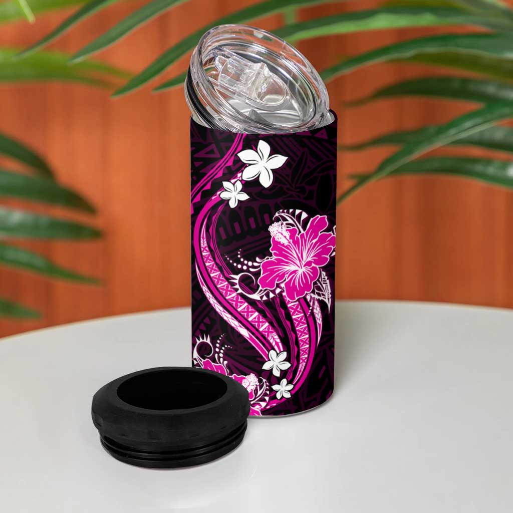 Pink Polynesian Pattern With Tropical Flowers 4 in 1 Can Cooler Tumbler