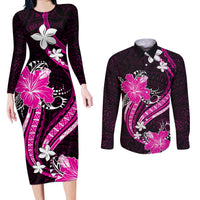 Pink Polynesian Pattern With Tropical Flowers Couples Matching Long Sleeve Bodycon Dress and Long Sleeve Button Shirt LT05 Pink - Polynesian Pride