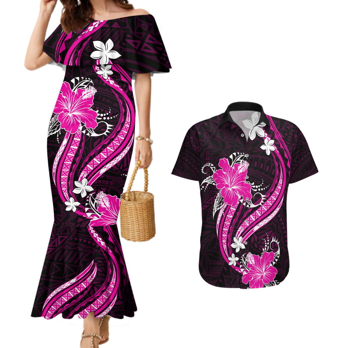 Pink Polynesian Pattern With Tropical Flowers Couples Matching Mermaid Dress and Hawaiian Shirt LT05 Pink - Polynesian Pride