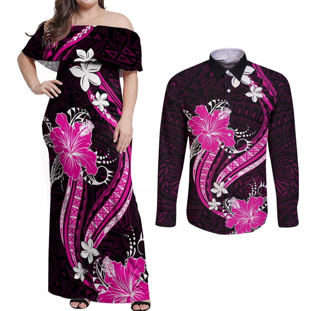 Pink Polynesian Pattern With Tropical Flowers Couples Matching Off Shoulder Maxi Dress and Long Sleeve Button Shirt LT05 Pink - Polynesian Pride
