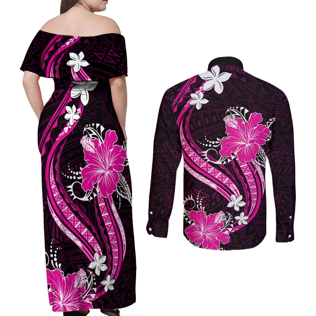 Pink Polynesian Pattern With Tropical Flowers Couples Matching Off Shoulder Maxi Dress and Long Sleeve Button Shirt LT05 - Polynesian Pride