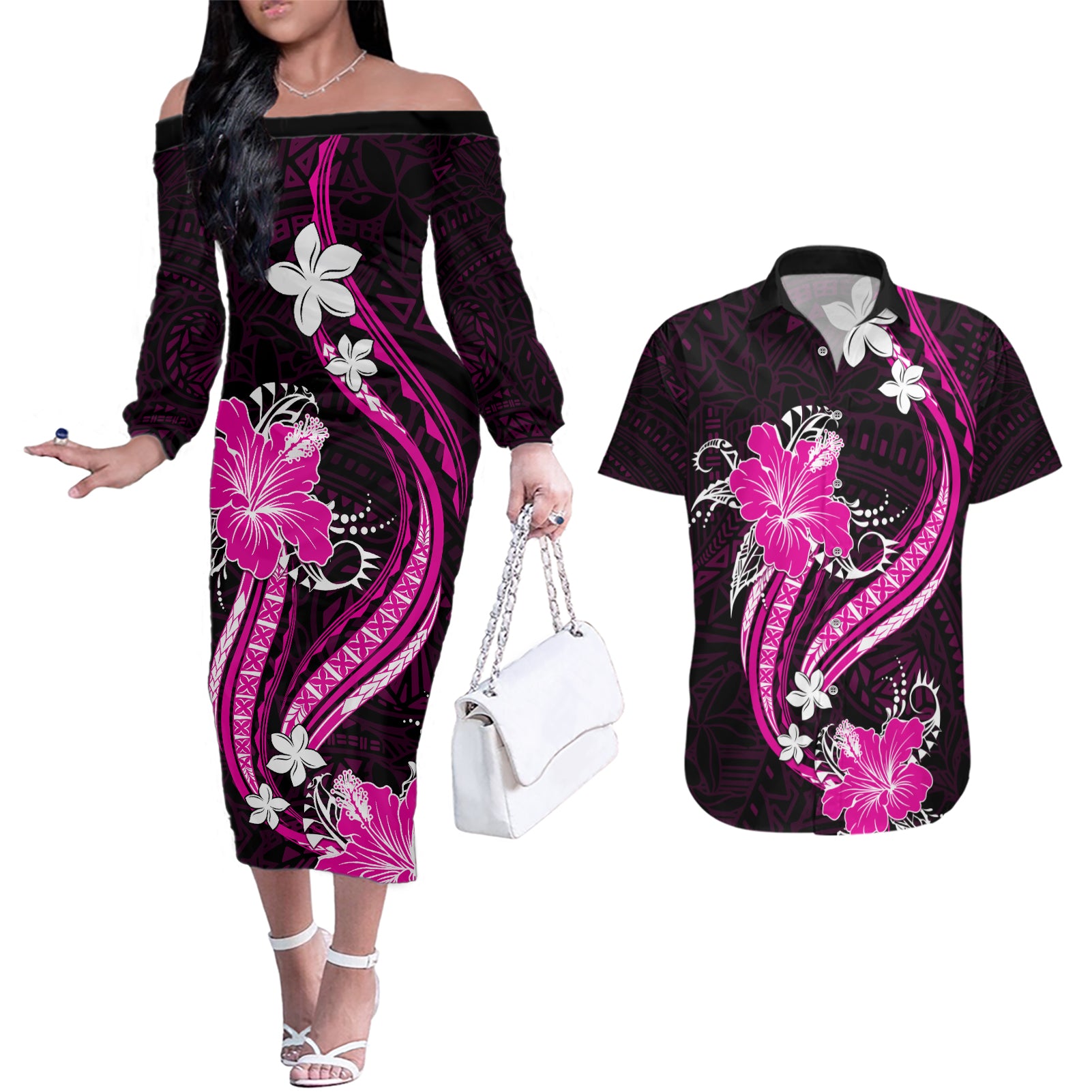 Pink Polynesian Pattern With Tropical Flowers Couples Matching Off The Shoulder Long Sleeve Dress and Hawaiian Shirt LT05 Pink - Polynesian Pride