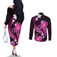 Pink Polynesian Pattern With Tropical Flowers Couples Matching Off The Shoulder Long Sleeve Dress and Long Sleeve Button Shirt LT05 - Polynesian Pride