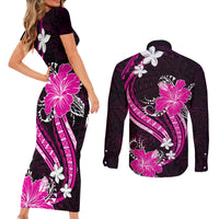 Pink Polynesian Pattern With Tropical Flowers Couples Matching Short Sleeve Bodycon Dress and Long Sleeve Button Shirt LT05 - Polynesian Pride